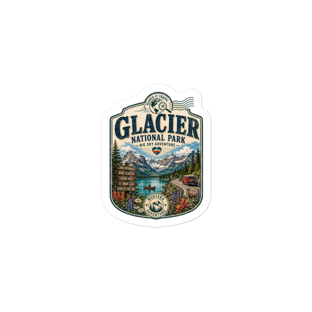 Glacier National Park Sticker | Vintage Montana Travel Decal | Search It Travel Water Bottle & Suitcase Sticker